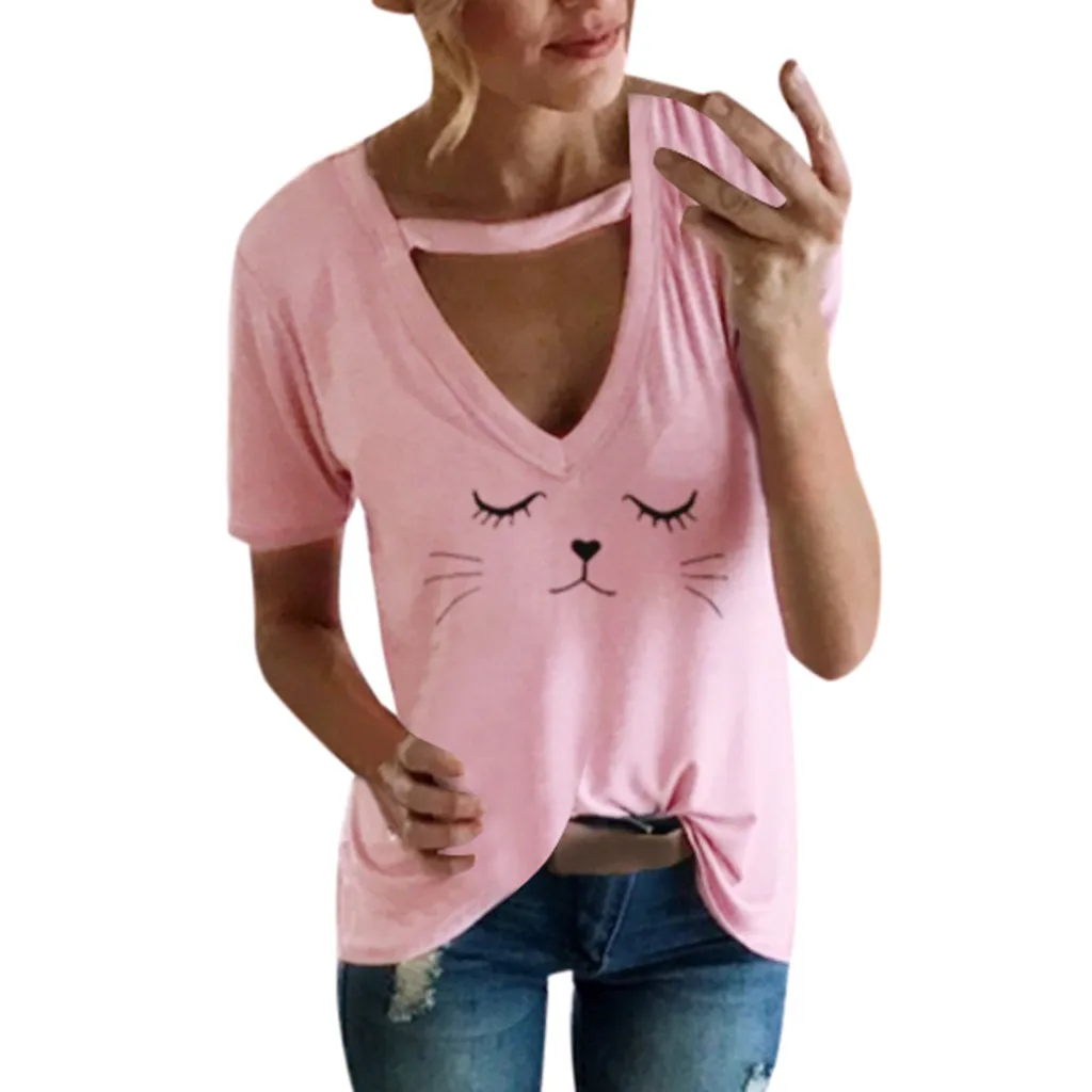 

SAGACE Womens Blouse 2019 new Fashion Short Sleeve Cat Print Choker sexy V Neck shirts Summer Blouse womens tops and blouses new