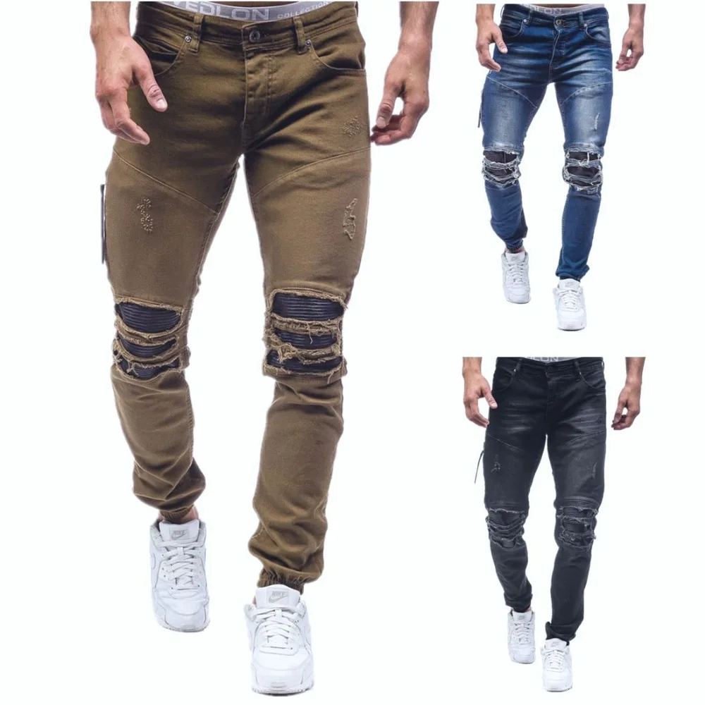 

Men's Fashion Taper Stretch Jeans Distressed Ripped Jeans Denim Long Pants Stylish Casual Hole Full Length Trousers