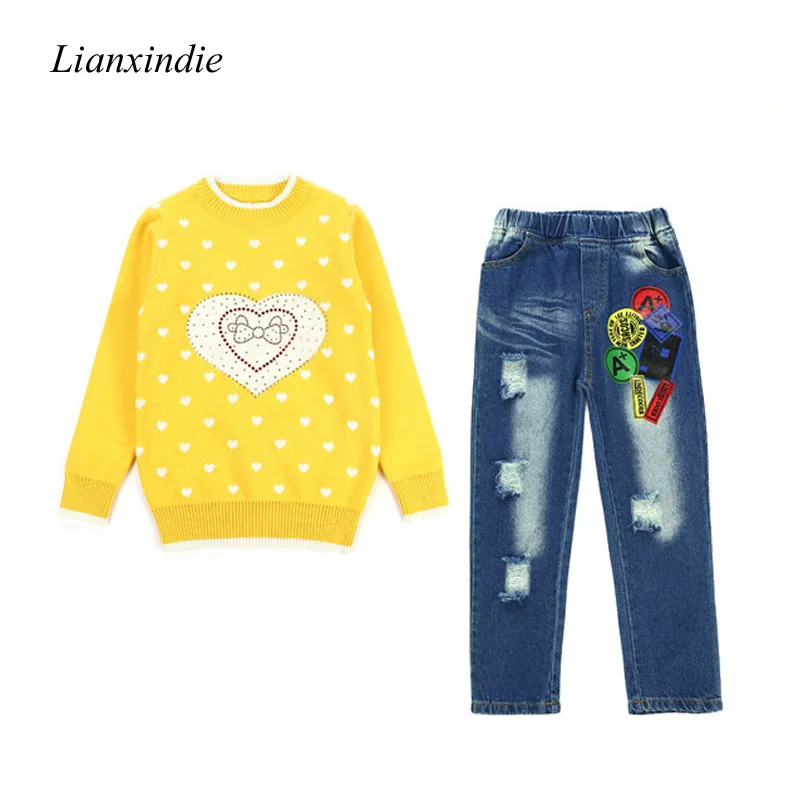 

2018 Children's Girls Knitted Sweater Autumn Winter Toddler Girl Kids Clothes Knitwear Jeans Pants Outfits For 8 10 12 14 Years