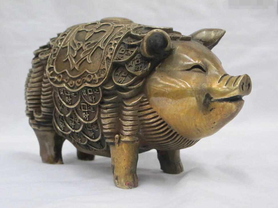 

6 Inch China Feng shuey Bronze engrave be covered all body with money pig statue