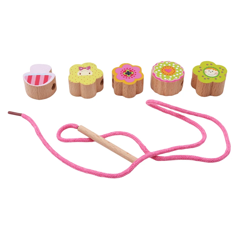 Small Lacing& Stringing Wooden Beads Sea pink girls with String Packaged with Metal Box Preschool Fine Motor Skills Toys