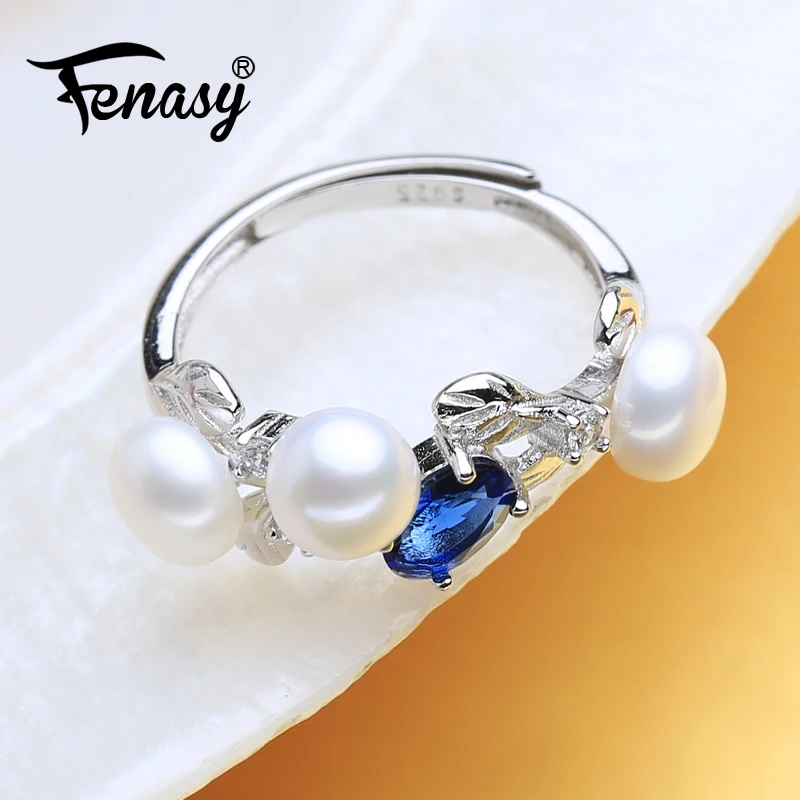 

FENASY Natural Freshwater Pearl Rings For Women Fine Jewelry Female Bohemian Colorful Silver Color blue Stones Party Ring