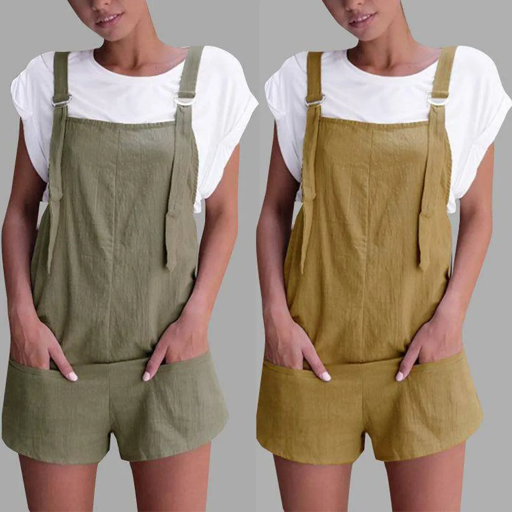 CHAMSGEND New 2018 Summer Women Elastic Waist Dungarees Linen Cotton Pockets Rompers Playsuit