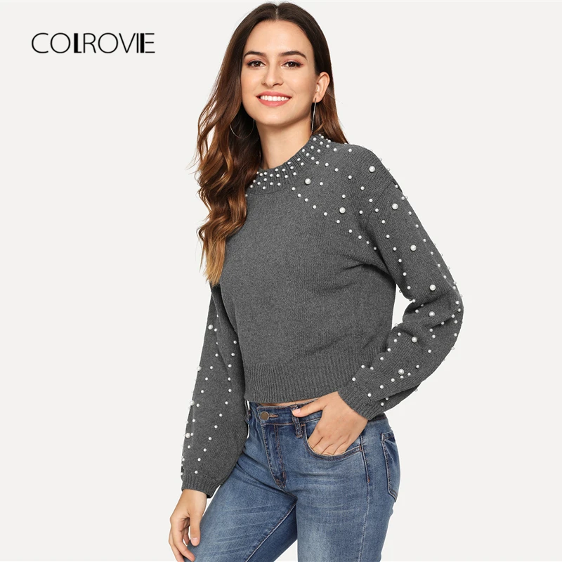 Goedkoop COLROVIE Grey Bisschop Mouwen Parel Kralen Crop Vrouwen Trui 2018 Herfst High Street Trui Warme Winter Meisje Truien Jumper