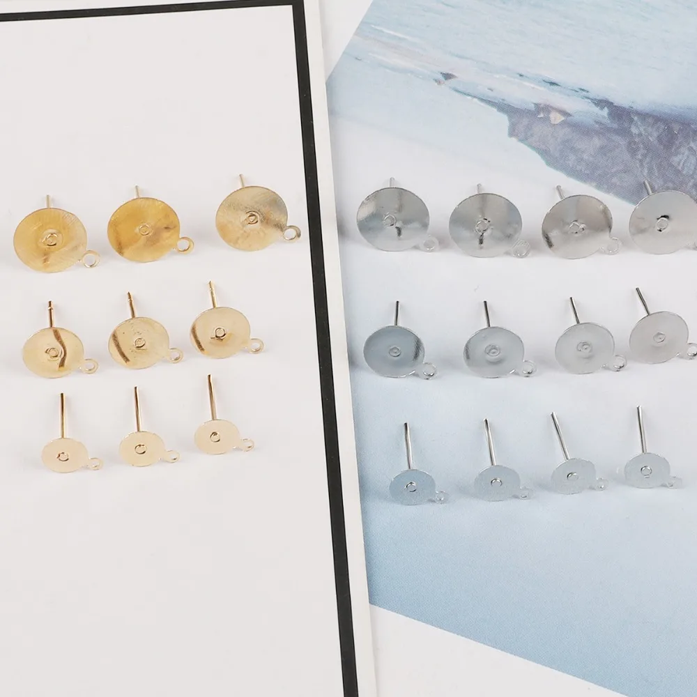 

100pcs Stud Earring Blank Base Fit 6 8 10mm Cabochon Cameo Settings Gold/Silver Color Ear Post DIY Jewelry Making