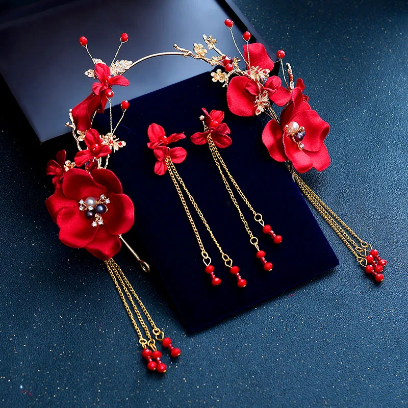 Новые Свадебные короны с красными розами для женщин, свадебные диадемы и серьги с кристаллами, винтажные китайские свадебные аксессуары для волос ML081