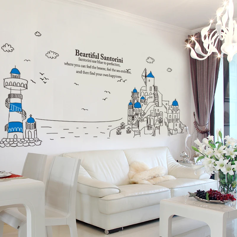 Customized Santorini Lighthouse Wall Stickers Europe Style Creative DIY Home Decor for Living Room Sofa Background