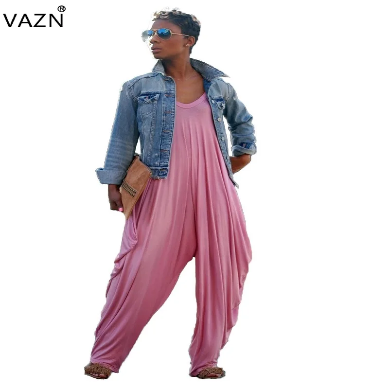 VAZN 2019 summer hot fashion print solid jumpsuits women full leng