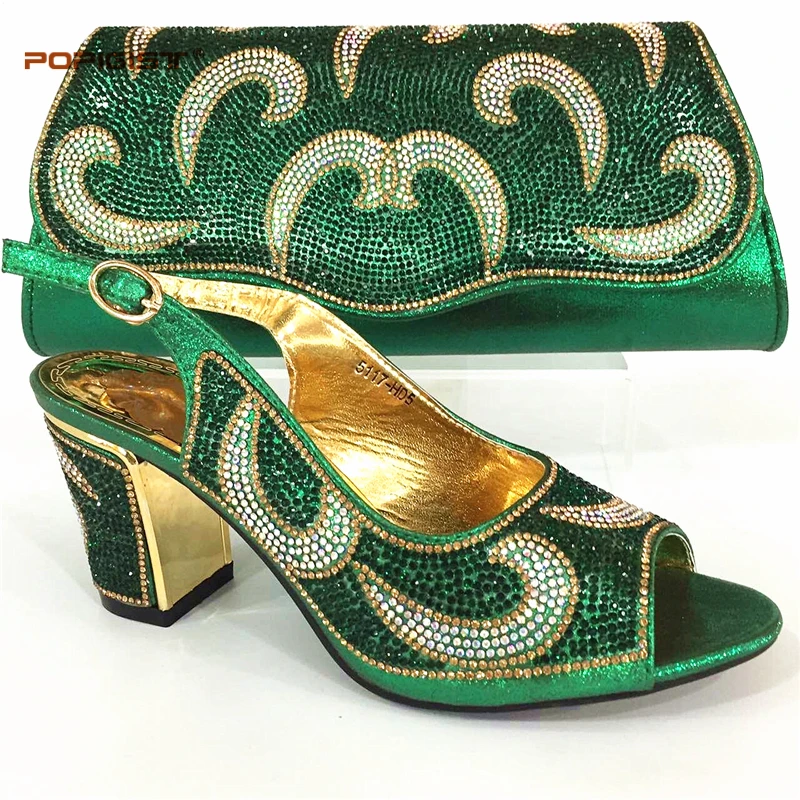 

Green Color Italian Shoes with Matching Bag for Wedding Women Matching Shoe and Bag Set African Shoes for Party