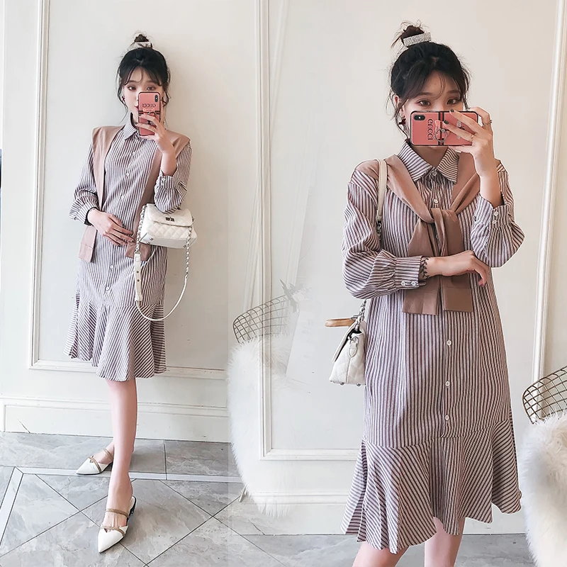 

1928# Spring Korean Fashion Strip Patchwork Cotton Maternity Dress Elegant Ruffles Blouses Clothes for Pregnant Women Pregnancy