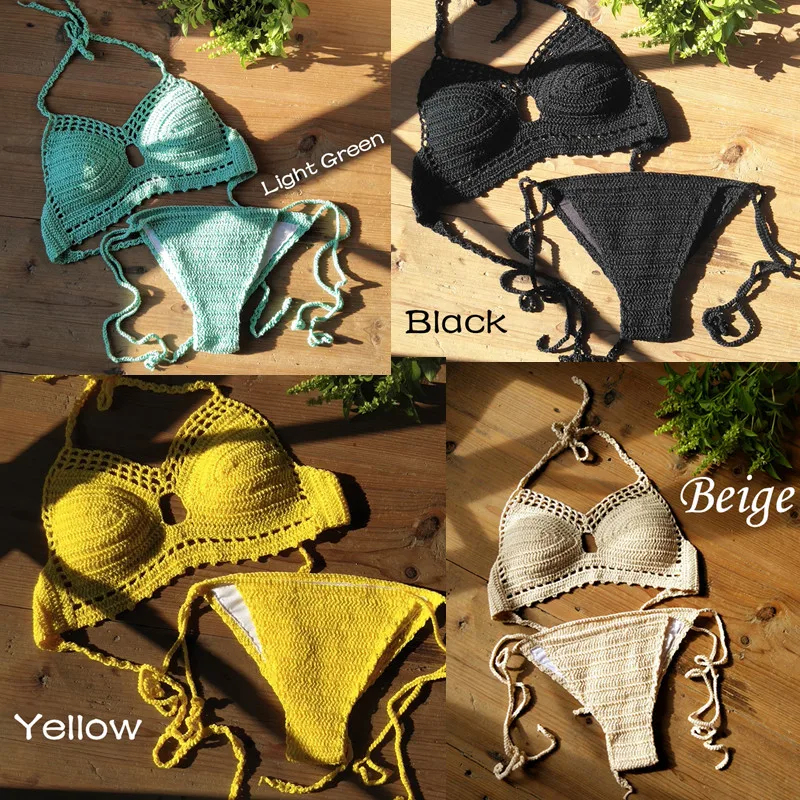 

Handmade Crochet Bikini Set Halter Crop Top Hollow Swimwear - Push up Bikini Shorts Swimming Suit For Women