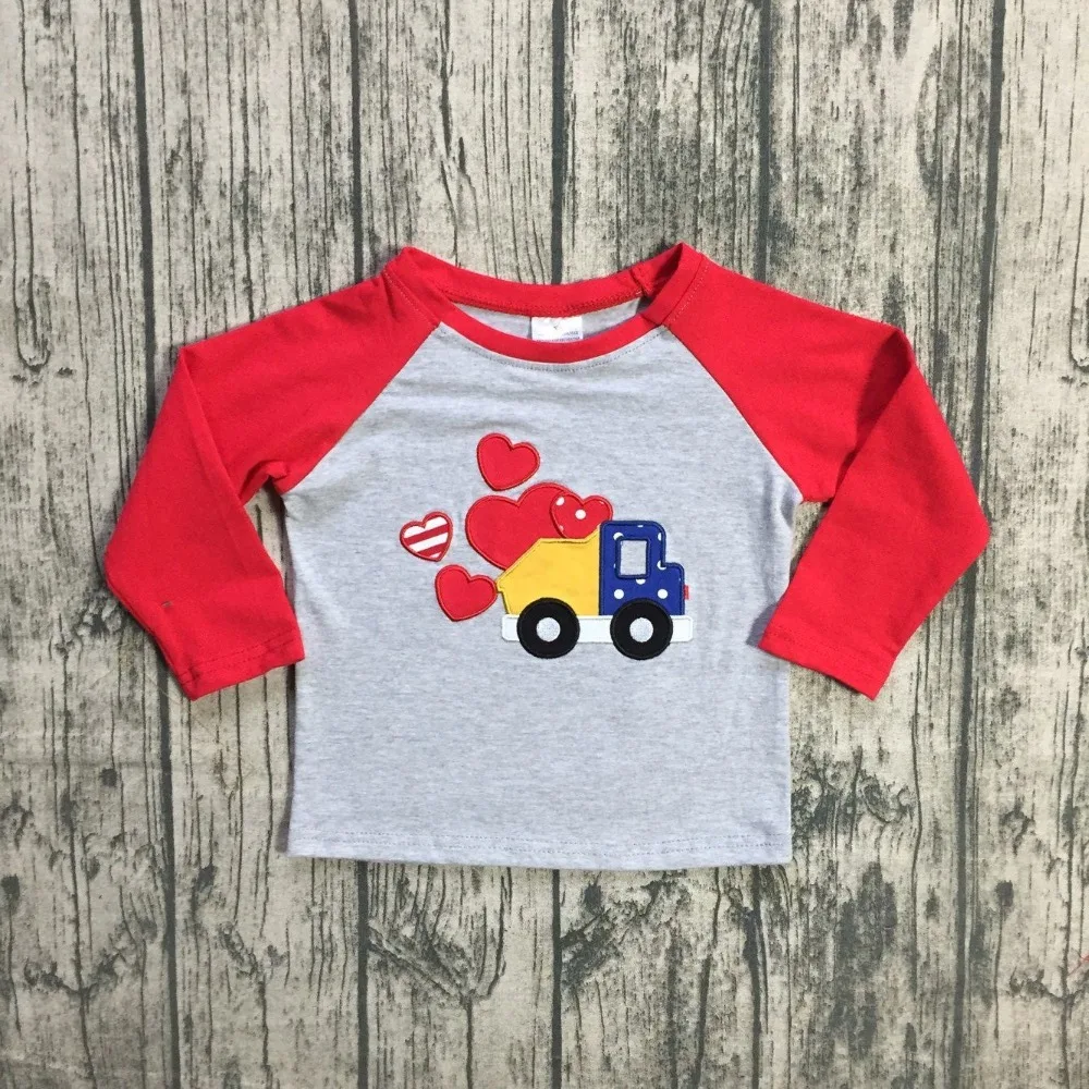 

Boys spring Valentine's Day baby boy's truck heart print top raglansgrey V-day tee with red long sleeve raglans heart t shirt