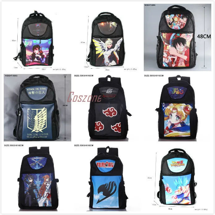 

Naruto One Piece Aword Art On Line Overwatch Fairy Tail Sailor Moon Cosplay Backpack School Shoulder Bags Laptop Travel Rucksack