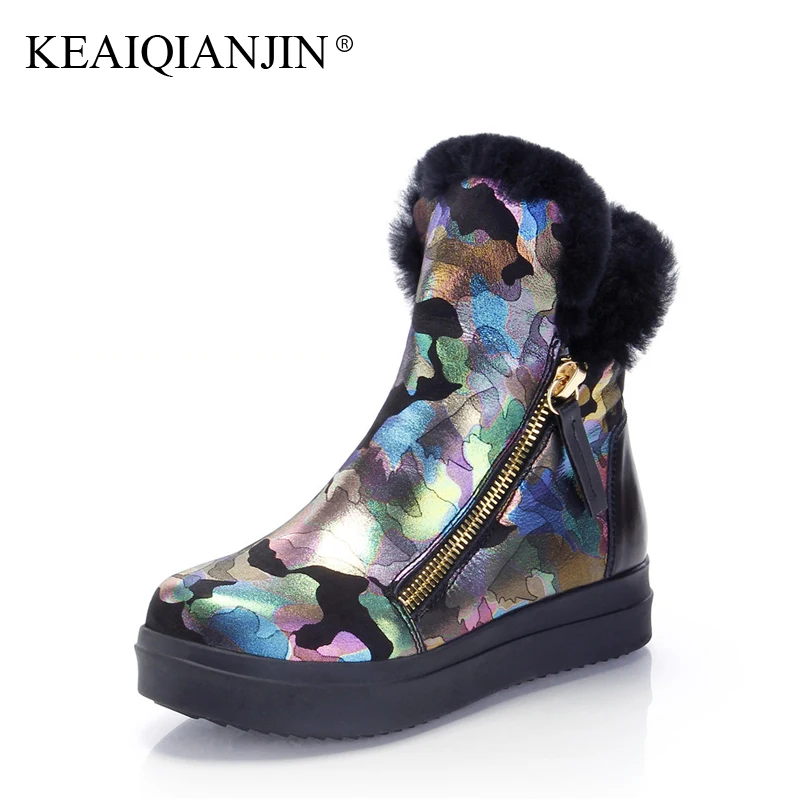 

KEAIQIANJIN Woman Wool Snow Boots Winter Genuine Leather Platform Shoes Zipper Flat With Black White Shearling Ankle Boots 2017