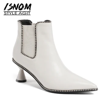 

ISNOM Genuine Leather Women Ankle Boots Pointed Toe Elastic Footwear High Heels Female Boot Rivet Shoes Woman 2018 Winter Black