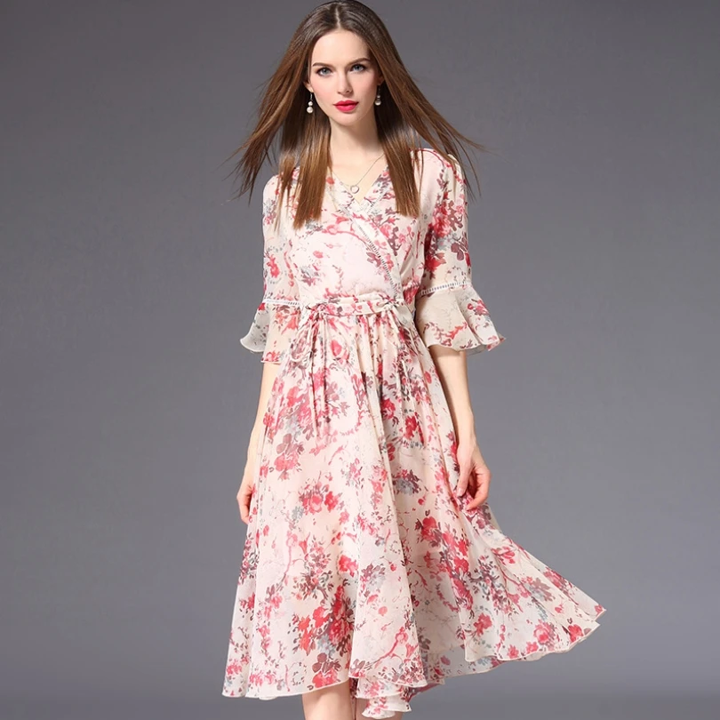 pink floral knee length dress