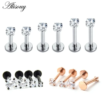 Alisouy 1 Pc Silver Labret Lip Ring Zircon Anodized Internally Threaded Prong Gem 16G Tragus Helix Ear Piercing Earring women