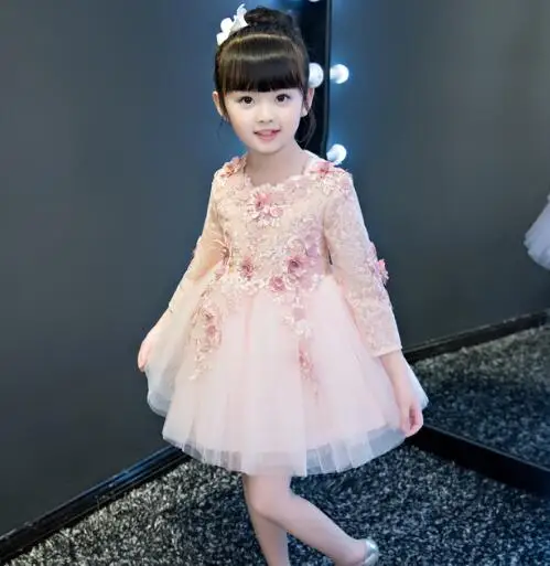 Г., платья с длинными рукавами и цветочным узором для девочек на свадьбу, Розовое Кружевное нарядное платье для девочек на день рождения платье принцессы, детское осеннее платье - Цвет: short style
