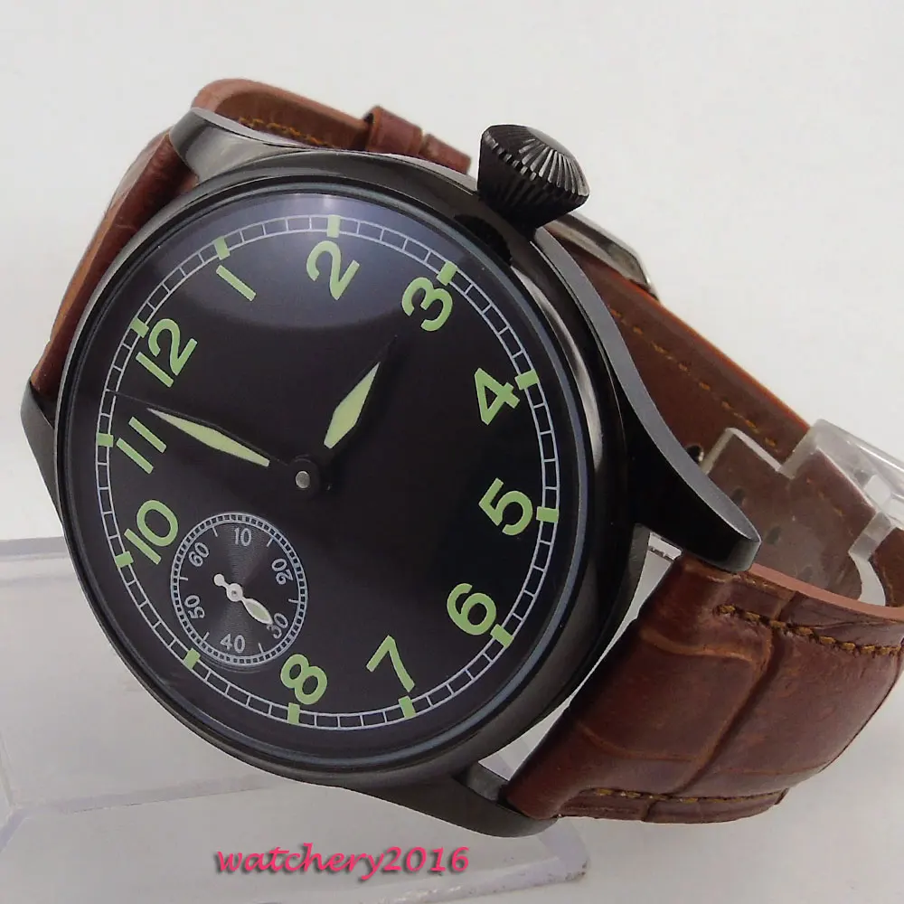 

top brand Luxury 44mm Parnis black dial PVD Brown Leather Luminous Marks 6497 hand winding Mechanical Men's business Watch