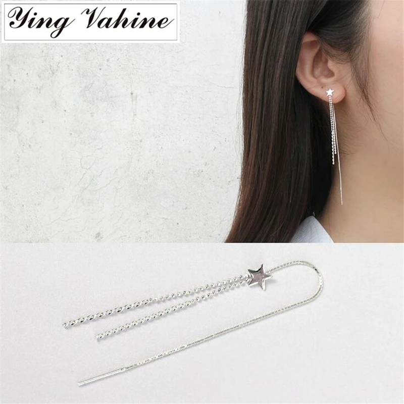 

925 Sterling Silver Jewelry Star Long Tassel Drop Earrings for Women pendientes mujer moda 2018