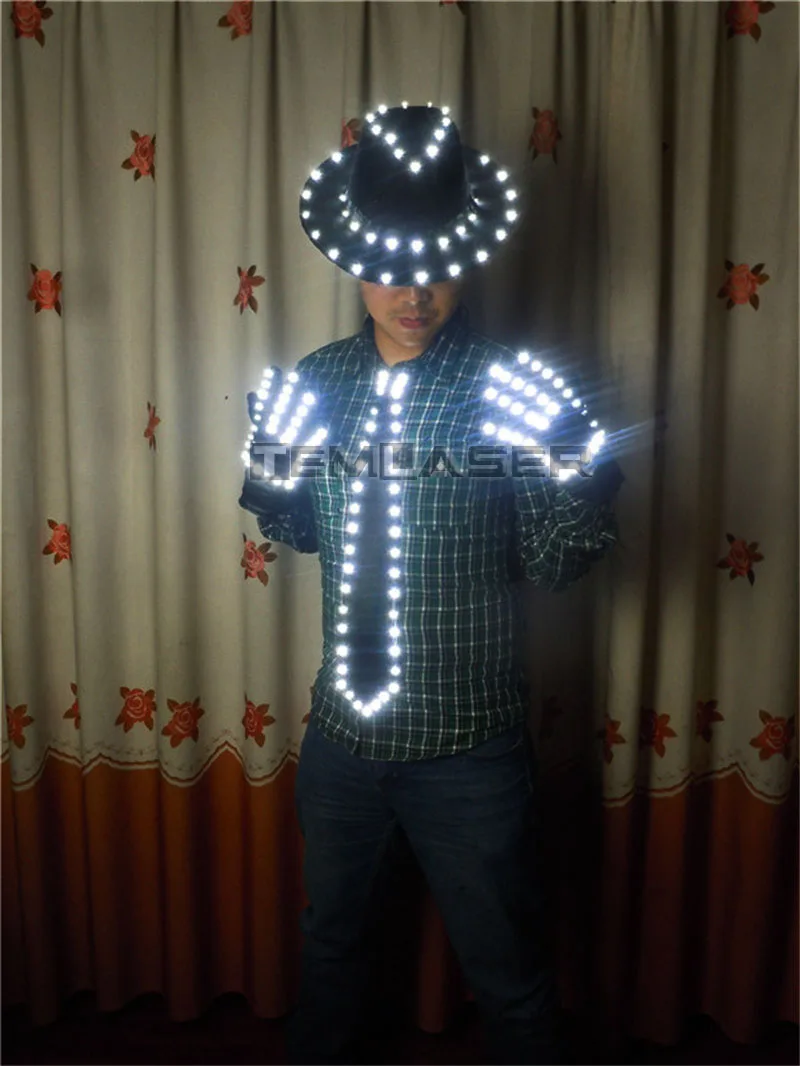 Светодиодный костюм одежда светодиодный световой джаз шляпа с светильник галстуком-бабочкой светодиодный Перчатки светодиодный костюм Майкла куртка Косплэй костюм