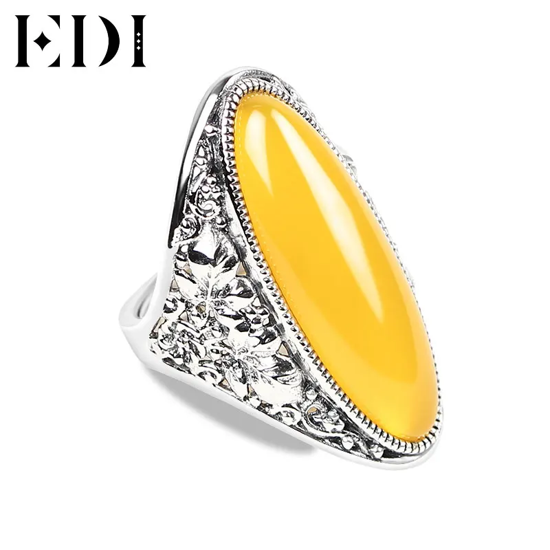

EDI Women Retro Yellow Chalcedony 925 Sterling Thai Adjustable Silver Rings Palace Corundum Statement Ring For Women In Jewelry