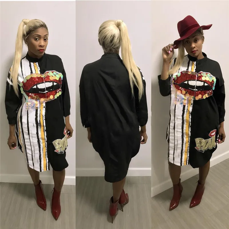 Goede Lange Mouwen Jurk Vrouwen Herfst Mode Stand Kraag Button Up Blouse Jurk Dames Streetwear Oversized Sequin Shirt Jurk