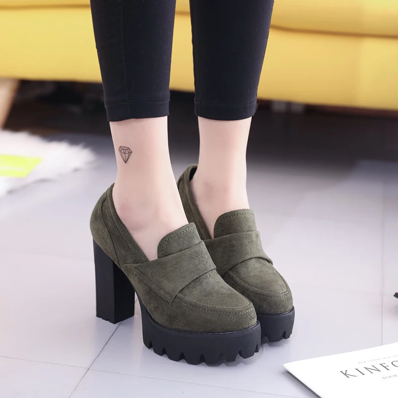 

ZHENZHOU Suede high heels thick 2019 round head waterproof platform black single shoes female thick bottom was thin 10cm