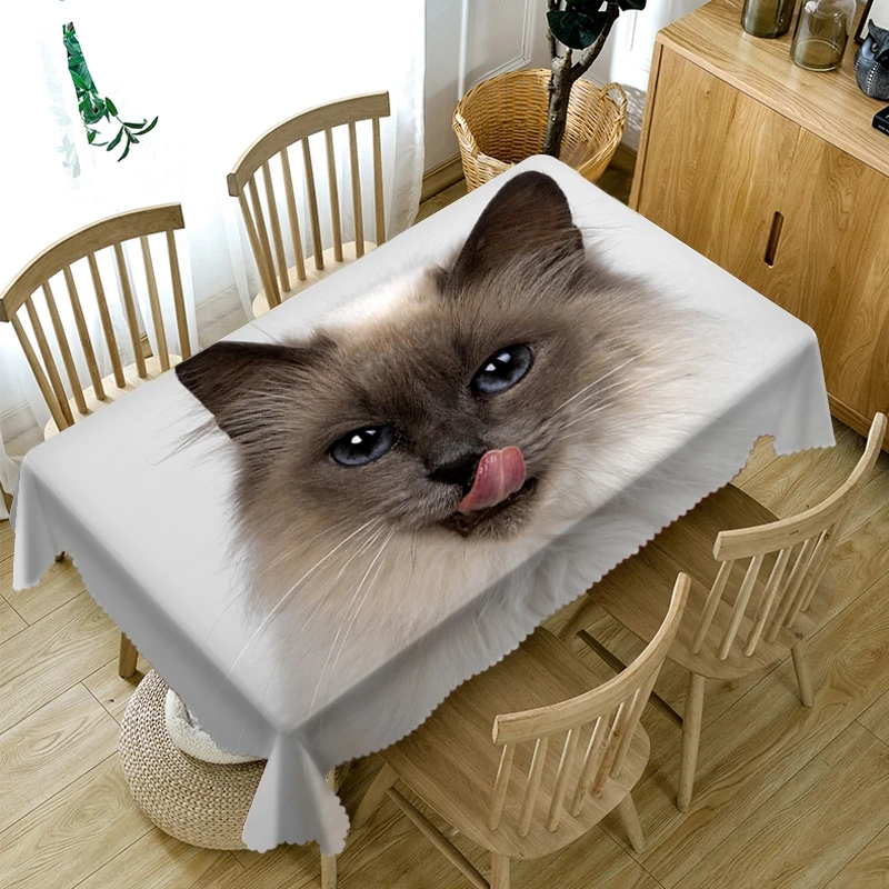 3D животное скатерть с рисунком маленькая белая кошка Пылезащитная Моющаяся Ткань утолщенная хлопковая прямоугольная и круглая скатерть