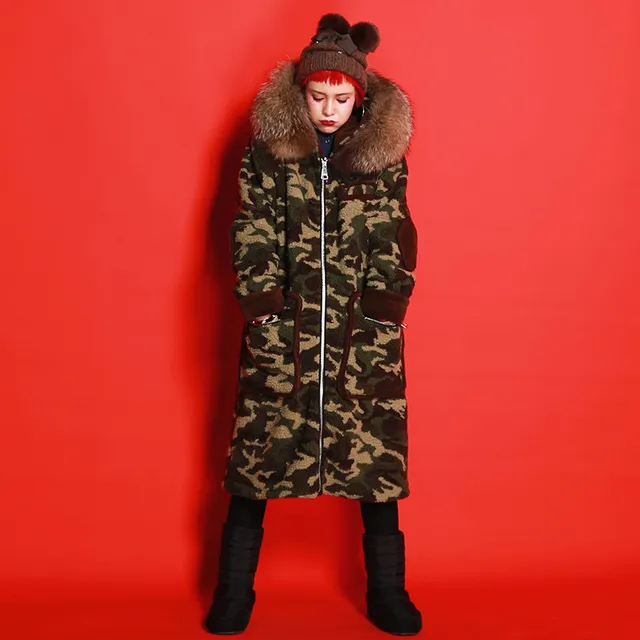 Best price at $130 Cheap XYJ438 Original Design Winter 2016 casual cute bear ear hooded loose long fleeced thick camouflage lambswool winter coat women