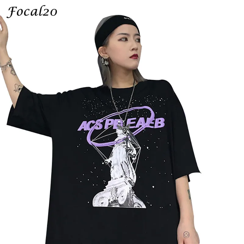 

Focal20 Streetwear Sculpture Letter Print Women T-Shirts Crew Neck Loose Short Sleeve Summer Spring Female T-shirt Top Tees