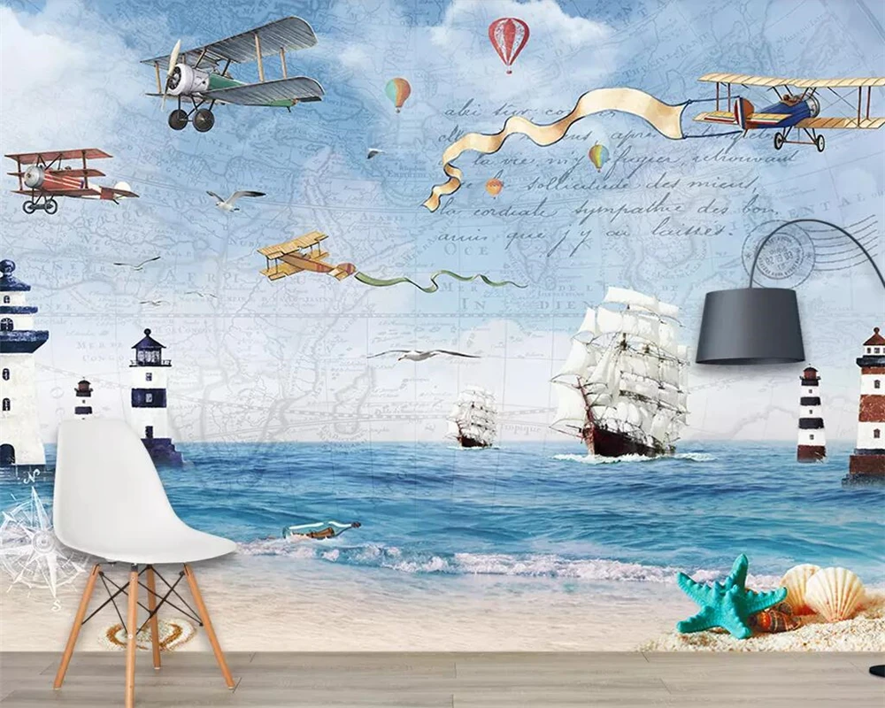 Фотообои Beibehang на заказ фотообои с изображением самолета парусного моря фона для
