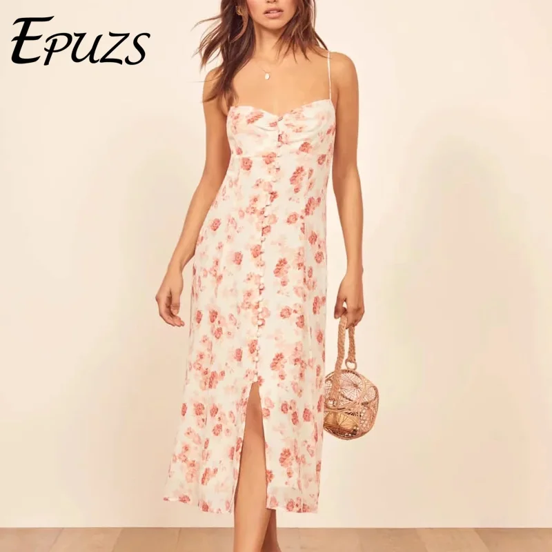 

Sexy button spaghetti strap long dress women Vintage boho dress elegant chiffon red Floral party beach dress korean vestidos