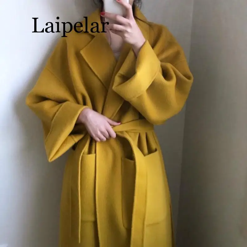 Laipelar женское Элегантное зимнее кашемировое пальто длинное Бандажное шерстяное пальто кардиган свободного размера плюс - Цвет: Yellow