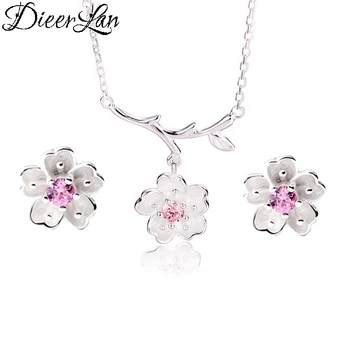 

DIEERLAN Bridal Jewelry Sets Pink Rhinestone 925 Sterling Silver Cherry Blossoms Flower Necklaces Earrings for Women Bijoux 2019