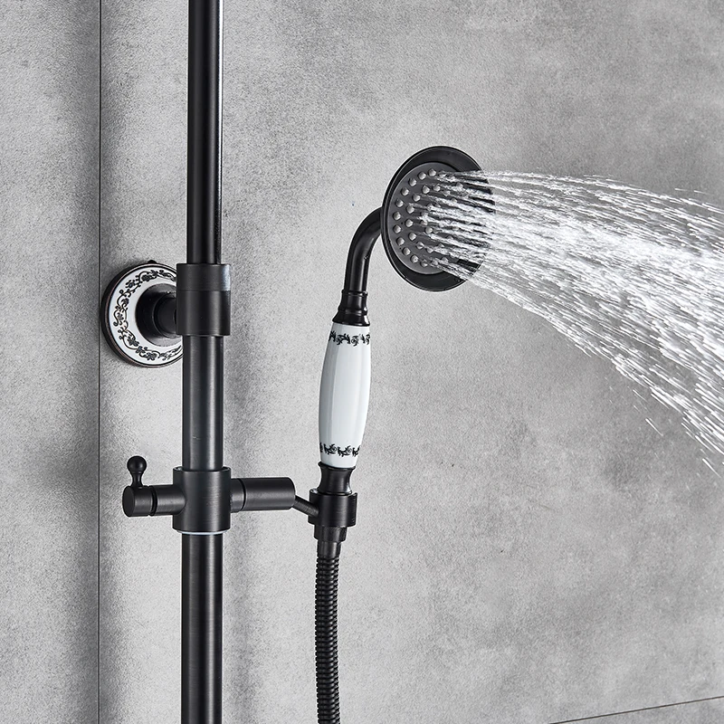 quyanre wanfan bronze black shower faucet set with creamic decoration rainfall shower head with swivel tub spout 3 way mixer tap bathroom shower faucet kit3