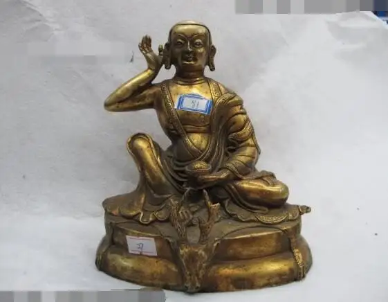 

S06216 7" Tibetan Buddhism Copper Bronze Gild spotted deer Head Milarepa Buddha Statue