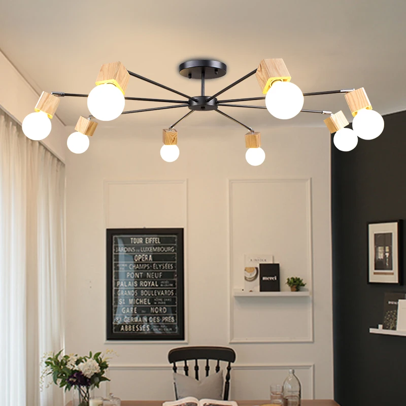 

LED Ceiling Chandelier 3//5/8 Lights Living Room Suspension Lighting Fixture White And Black Metal Wooden Chandeliers