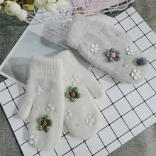 Корейский Перчатки шерсть цветок теплая вязаная для девочек весна зима Перчатки серый варежки