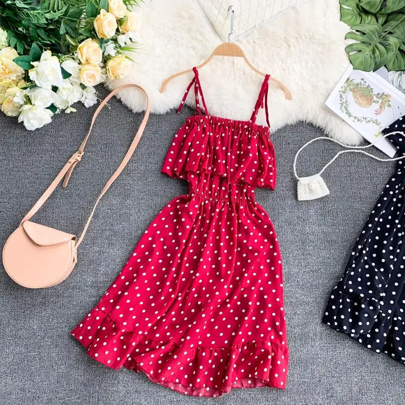 

Women Dot Irregular Dress Belted lotus leaf edge dress skirt and short skirt Summer Beach Dresses Vestidos