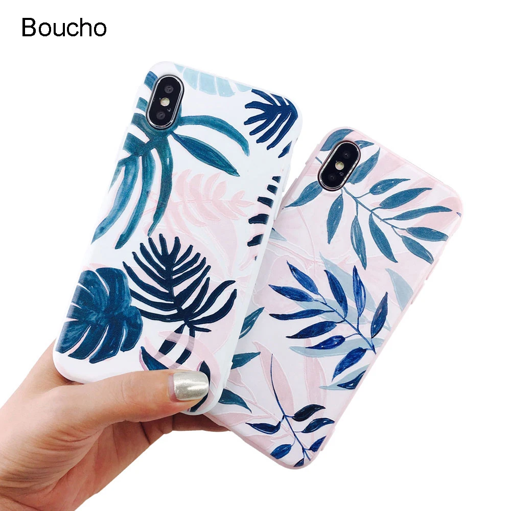 Boucho Artistic Plants Leaf Print Phone Case For iphone X Fashion Cute Soft Silicone Cover iphoneX Matte Cases Capa |