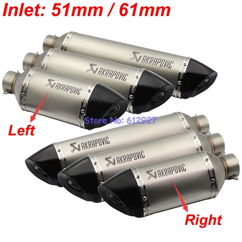 Inlet 51mm 61mm Motorcycle Exhaust Pipe Muffler Left and Right Side Akrapovic Laser Logo Motorbike Muffler Exhaust Pipe