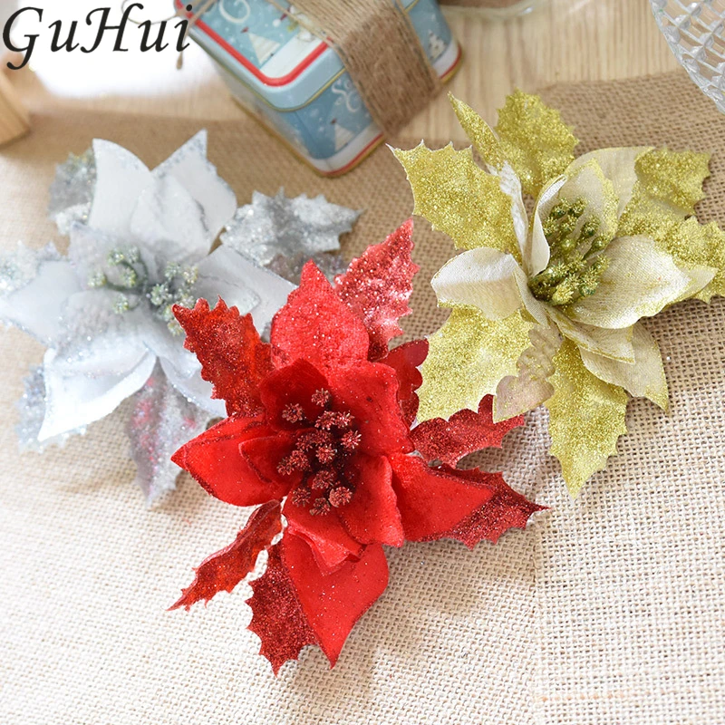 

5pcs Christmas Tree Decoration Artificial Flowers Gold Red Hanging Props Holiday Xmas Tree Home Party Decor New Year Accessory