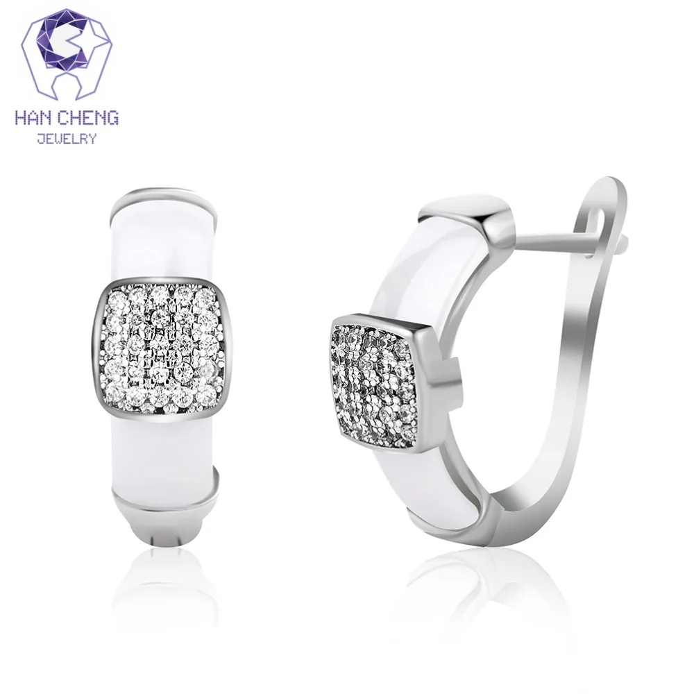 

HanCheng New Fashion Luxury Ceramic Silver Plated Nail Zircon CZ Gem Stone Square Stud Earrings For Women Jewelry brincos bijoux