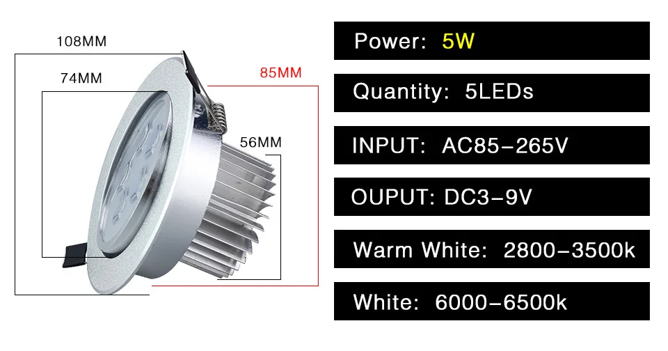 Светодиодный светильник 5 Вт 7 Вт 9 Вт 12 Вт 15 Вт 18 Вт круглый Точечный светильник для крепления заподлицо 85-265 в Крытый Светодиодный точечный светильник для спальни кухни гостиной