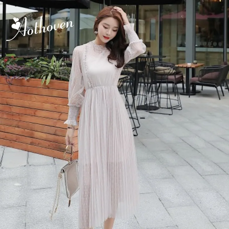 

2019 Spring Dress O-Neck Long Sleeves See Through Gauze Lace Diamonds Women Dress Office Lady Sexy Party Vintage Bandage Dresses