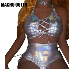 Голографическая укороченный топ Наборы для ухода за кожей лазерной 3 предмета Наборы для ухода за кожей Rave Fetival одежда голограмма зашнуровал майка Шорты с высокой талией