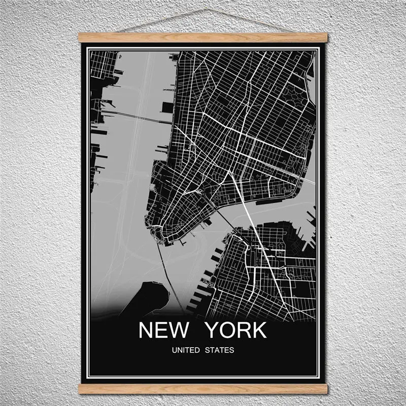 

NEWYORK With Frame World City map poster Canvas Abstract print picture Birch scroll Oil Painting Cafe Bar Living Room