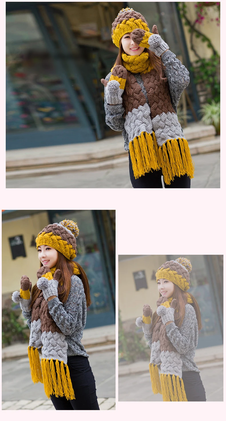Kagenmo, шапка, перчатки, шарф, три комплекта, толстый хлопок, вязаный женский теплый зимний модный Контрастный ЦВЕТНОЙ Женский комплект