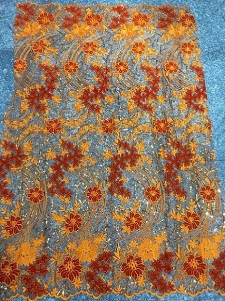 

Sequins Net Lace Fabric 2019 High Quality African Mesh Wedding Bride Dress Sewing Sequined Embroidered Material Orange